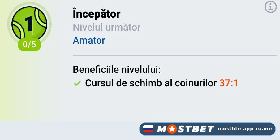 Уровень 1 «Начинающий» в программе лояльности Mostbet apk — курс обмена коинов 37:1